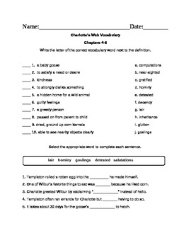 vocabulary assessment charlotte s web chapters 4 6 by mister l s room