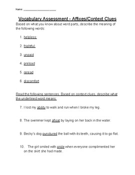 Preview of Vocabulary Assessment/Worksheet - Affixes