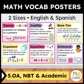 Preview of 5th Grade iReady Math Word Wall Vol 1 Banners Spanish ENG 5.OA, NBT Vocabulary
