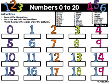 numbers 0 to 20 worksheets for esl by kj s esl stuff tpt