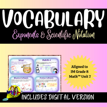 Preview of Vocabulary Cards IM Grade 8 Math™️, Exponents & Scientific Notation