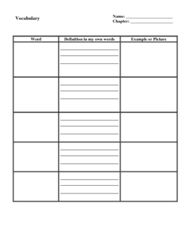 Preview of Vocabulary Chart, Worksheet, Graphic Organizer