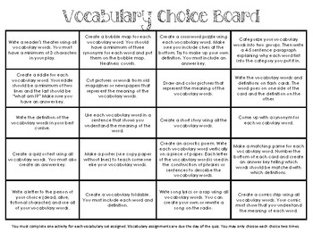 Preview of Vocabulary Choice Board - 20 options