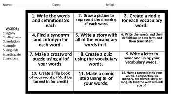 Preview of EDITABLE Vocabulary Choice Board