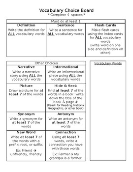 Vocabulary Choice Board by nessm | TPT