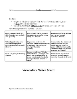 Preview of Vocabulary Choice Board Activity