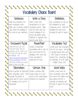 Preview of Vocabulary Choice Board--Options for Vocabulary Homework
