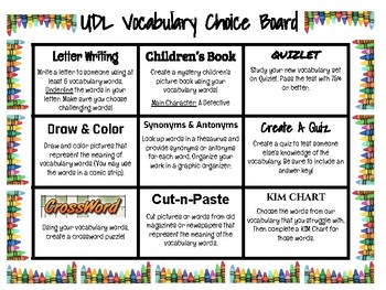 Vocabulary Choice Board: Universal Design for Learning; UDL Assessment!