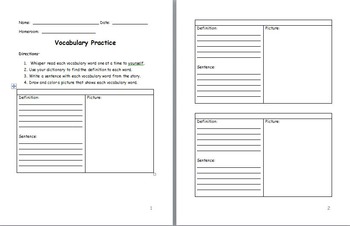 Preview of Vocabulary Definition, Sentence, and Picture Practice Template