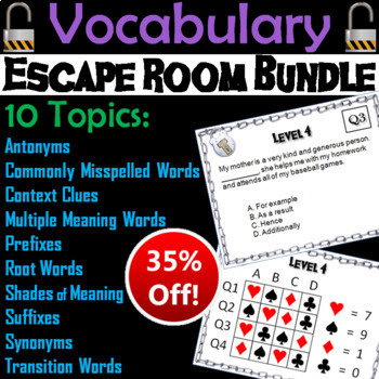 Vocabulary Escape Room English Context Clues Analogies Synonyms Antonyms Etc