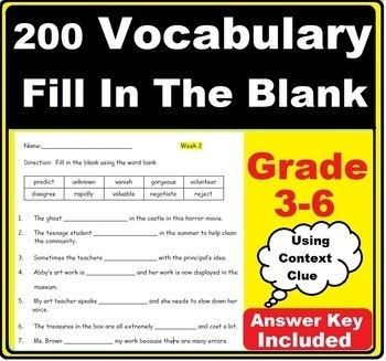Preview of Vocabulary Fill In The Blank Worksheet  Grade 3-6 Context Clue Activity