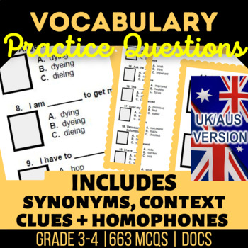 Preview of Vocabulary Fillables Bundle Context Clues, Homophones UK/AUS Spelling Year 4-5