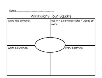 Preview of Vocabulary Four Square Graphic Organizer