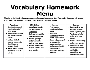 vocabulary of homework