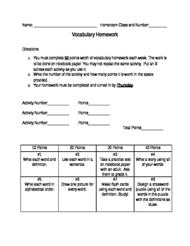 Preview of Vocabulary Homework Students' Choice -  Editable