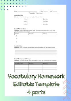 Preview of Vocabulary Homework Template | EDITABLE | Matching, synonyms/antonyms, writing