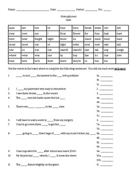 Preview of Vocabulary - Homophones/Homonyms - Quiz/Assessment/Test with Key