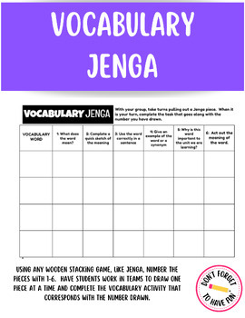 Preview of Vocabulary Jenga