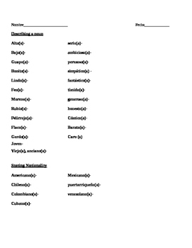 Preview of Vocabulary List Adjectives