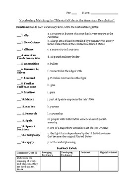 Preview of Vocabulary Matching for “Mexico’s Role in the American Revolution”