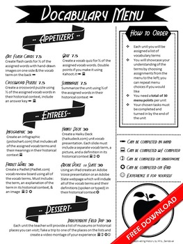 Preview of Vocabulary Menu with Tech Integration- NOW EDITABLE