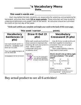 Preview of Vocabulary Menu Strategies to Practice and Learn Words