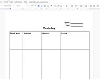 Preview of Vocabulary Notes Template 