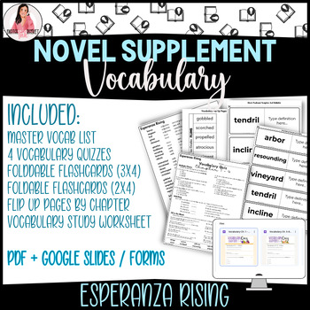 Preview of Vocabulary Novel Supplement for Esperanza Rising, Quizzes, Flashcards, Editable