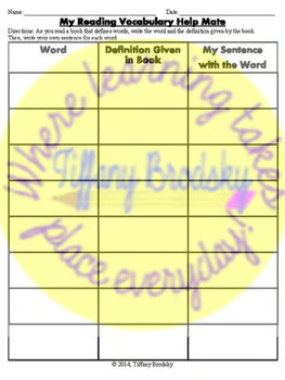 Preview of Vocabulary Organizer Help Mate for Books w/Given Definitions (The Bad Beginning)