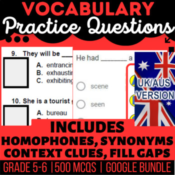 Preview of Vocabulary Practice: Context Clues, Defining Words, Homophones UK/AUS English