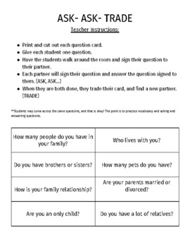Preview of Vocabulary Practice-  Family Questions - ASK ASK TRADE