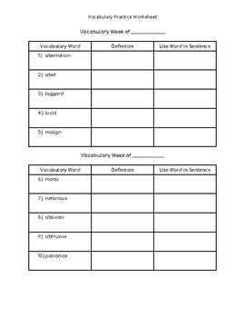 Preview of Vocabulary Practice Worksheet (Including 20 Vocabulary Words)