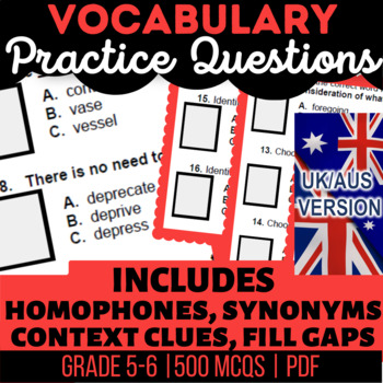 Preview of Vocabulary Printables Context Clues, Defining Words, Homophones UK/AUS English