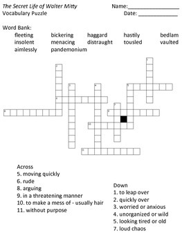 Vocabulary Puzzle The Secret Life of Walter Mitty by James Thurber