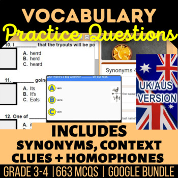 Preview of Vocabulary Questions Review Bundle Context Clues, Defining Words UK/AUS English