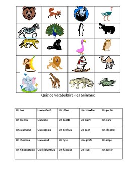 Preview of Vocabulary Quiz- Les animaux