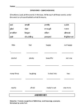 vocabulary synonyms worksheet 16 words definitions to match w