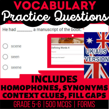 Preview of Vocabulary Self Grading Context Clues, Defining Words, Homophones UK/AUS English