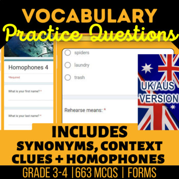 Preview of Vocabulary Self Grading Forms Context Clues, Homophones, Synonyms UK/AUS English
