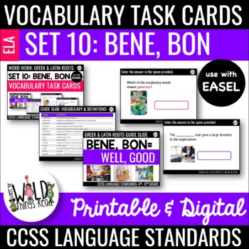 Preview of Vocabulary Set 10 Printable Task Cards Compatible with Easel: Bene, Bon