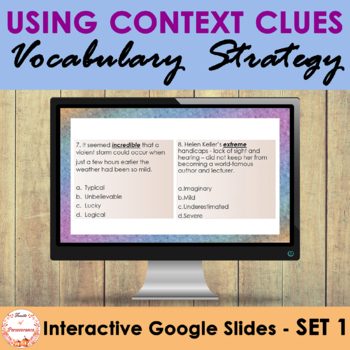 Preview of Using Context Clues Vocabulary Strategy Interactive Google Slides Set 1