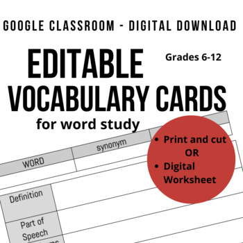 Preview of Vocabulary Study - Vocabulary Study Cards - Editable - Vocabulary Word Study