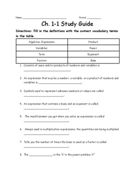 Preview of Vocabulary Studyguide for Algebraic Expressions