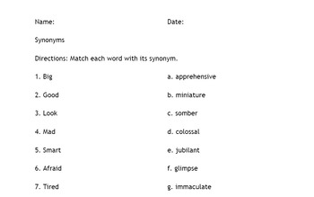 Synonyms E Matching pairs - Matching Pairs Worksheet - Quickworksheets