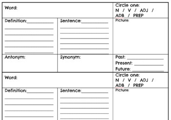 Preview of Vocabulary Template for Interactive Notebook/Composition book