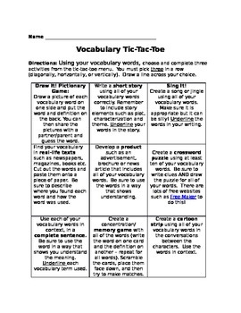 Preview of Vocabulary Tic Tac Toe