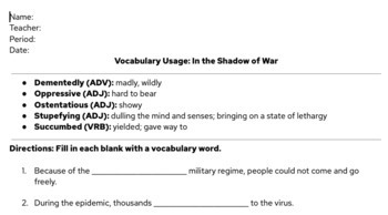 Preview of Vocabulary Usage for "In Shadow of War" by Ben Okri CCSS.ELA.L.3-5 (EDITABLE)