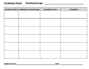 Preview of Vocabulary Word Worksheet- Any List, Passage, or Text