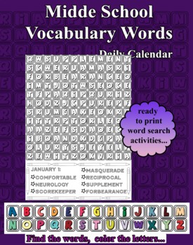 Preview of Vocabulary Words - Middle School, word search coloring printable pages activity