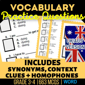 Preview of Vocabulary Workbook Bundle: Context Clues, Homophones, Synonyms UK/AUS Spelling